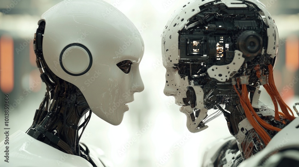 Poster high-resolution ai-created image of a robot and human interacting, symbolizing the success of ai-hum