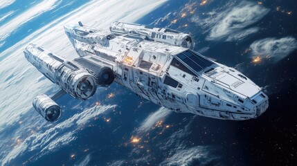 Obraz premium High-quality AI-generated image of a futuristic spacecraft, showcasing detailed design and advanced creative output in space exploration themes.