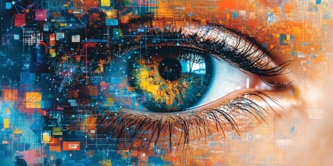 An image of an eye with digital elements overlay in an abstract style. 