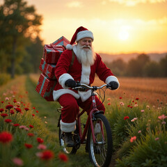 Santa Claus Cycling Through Vibrant Flower Fields, Delivering Christmas Gifts