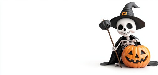 A skeleton wizard holding a staff and a carved pumpkin, Halloween character, cartoon illustration, dark cloak, isolated on white background