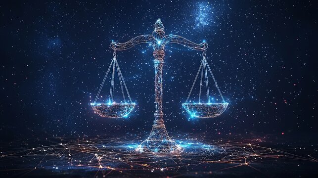 Magical representation of transcendent scales enveloped in starlight, soaring in the endless universe, representing harmony, justice, and cosmic laws.