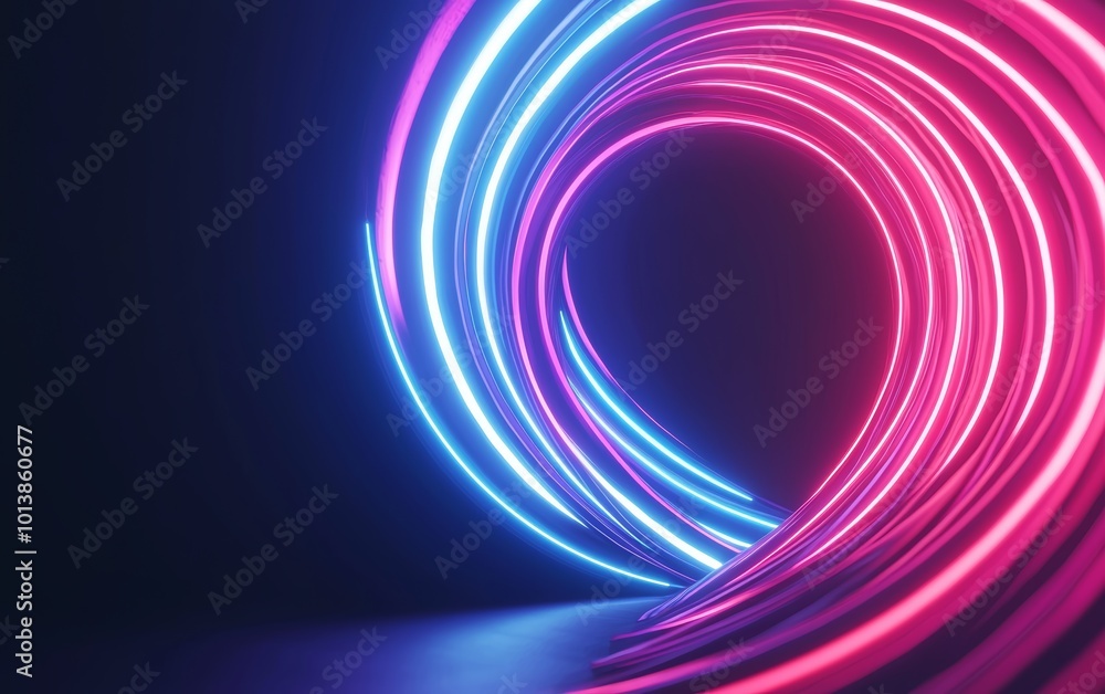 Poster abstract tunnel of light, neon streaks in blue and red creating a vortex effect, futuristic digital 
