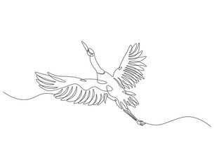 Continuous one line drawing of crane bird flying. One line drawing illustration of stork flying in sky. World migratory bird day concept line art. Editable outline