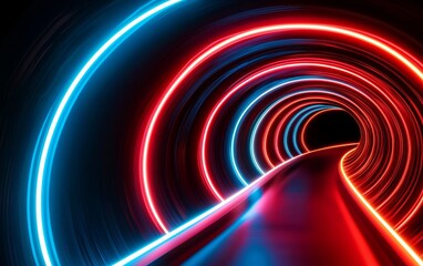 Abstract tunnel of light, neon streaks in blue and red creating a vortex effect, futuristic digital motion, dynamic flow