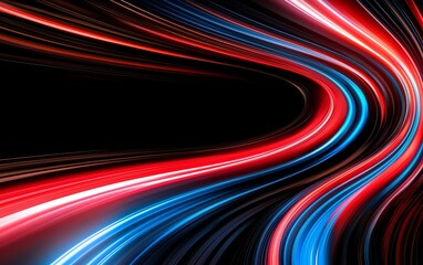 Abstract tunnel of light, neon streaks in blue and red creating a vortex effect, futuristic digital motion, dynamic flow