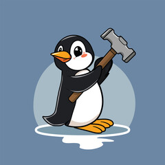 3d Cartoonish Penguin with Hammer Illustration