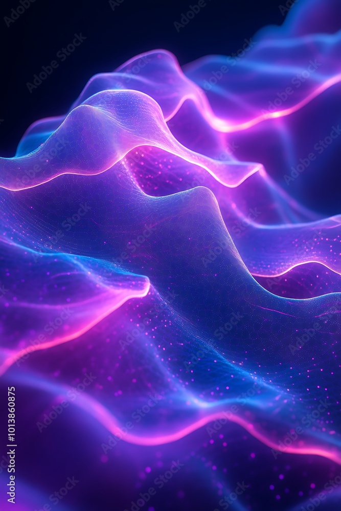 Fototapete A vibrant abstract image showcasing flowing waves of purple and blue light, creating a dynamic and ethereal visual effect.