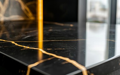 Close-up of polished black marble kitchen island, gold accents and soft lighting, modern and stylish home interior