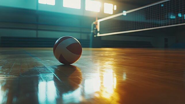 A close-up of a volleyball on a wooden indoor court, with the net in the distance under bright gymnasium lights. The polished floor reflects the ball and net.