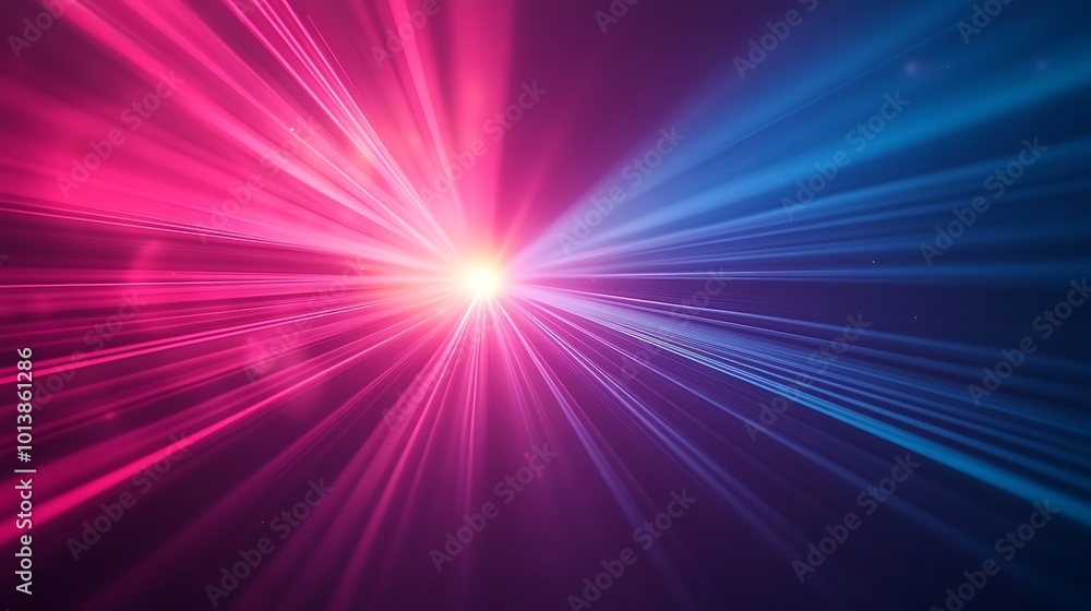 Poster A vibrant display of swirling pink and blue light beams radiating from a central point, creating a dynamic and energetic atmosphere.