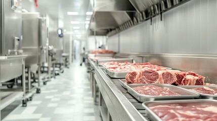 Modern meat processing facility featuring stainless steel counters and fresh cuts of meat on display.