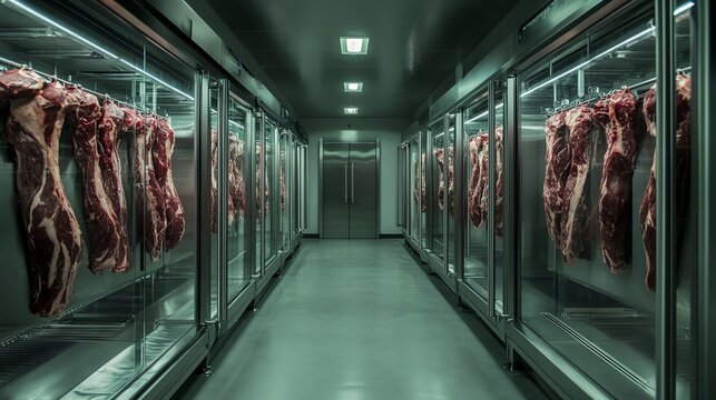 Chilled meat storage area with hanging cuts, showcasing a modern refrigeration system in a commercial environment.