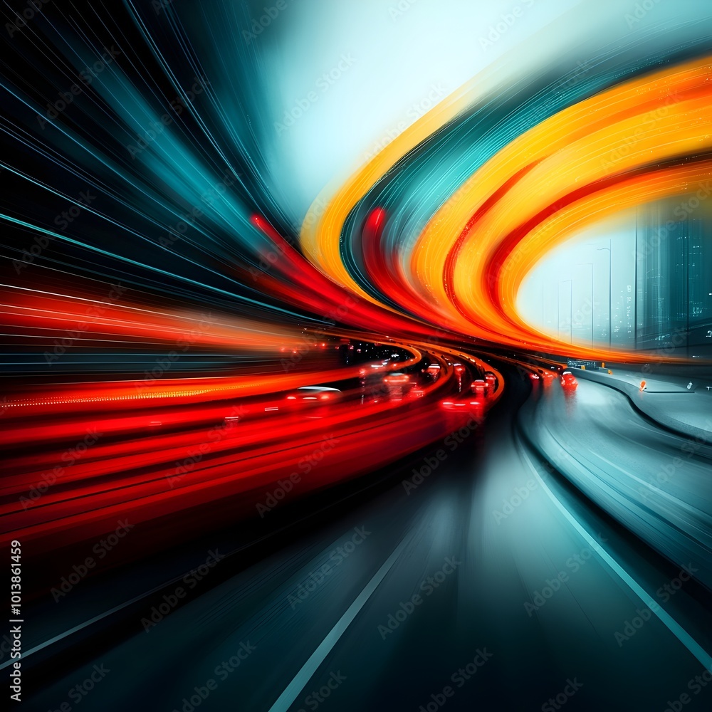 Poster experimental abstract composition visualizing the dynamic flow and energy of a modern smart city tra