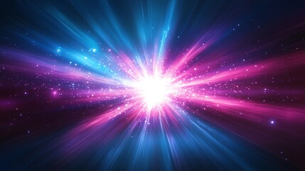 Naklejka premium A vibrant cosmic explosion radiates beams of pink and blue light against a dark backdrop, resembling the vastness of a starry universe.