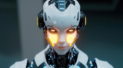 A humanoid female robot with a glowing faceplate, front view, blending beauty and high-tech design Technology tone, Monochromatic Color Scheme
