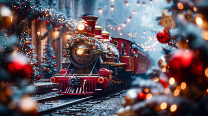 A vibrant train glides past beautifully decorated buildings and Christmas trees, creating a festive holiday atmosphere. Beautiful greeting card, copy space.