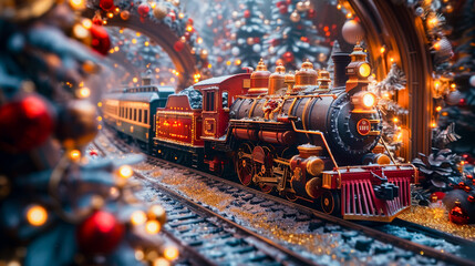 A stunning train traverses beautifully decorated arches with Christmas trees. Festive atmosphere filled with magic. Beautiful Christmas greeting card