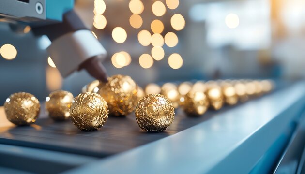 A close-up view of a production line with golden spherical products being processed, illuminated by soft lighting.