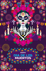 happy Day of the dead, Dia de los muertos, sugar skull with marigold flowers wreath on purple background