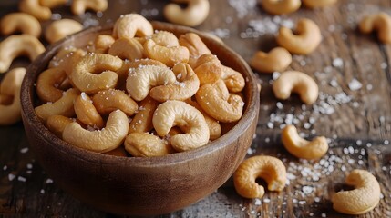 Fototapeta premium Homemade roasted salted cashews served in a bowl, showcasing their golden-brown color, crispy texture, and savory appeal, set on a natural wooden surface
