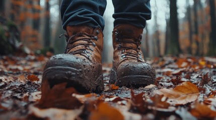 Close-up of muddy hiking boots on a forest path covered in fallen leaves.