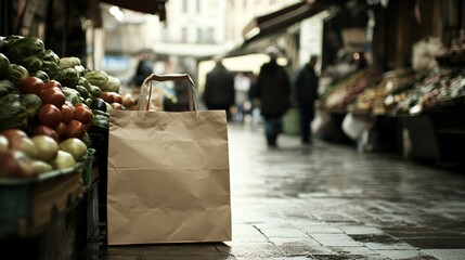 Close up of a paper bag sitting on a cobblestone street in front of a produce stand.