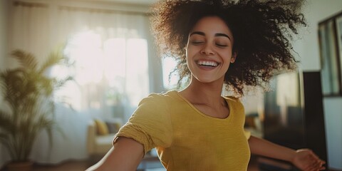 30-year-old woman dancing in living room 