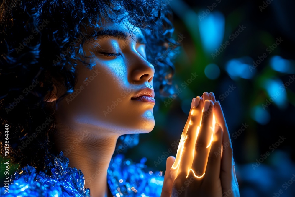 Poster hyper-realistic close-up of a personâ€™s face in meditation, with soft light glowing around them, sy