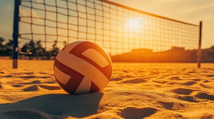 A volleyball resting on a deserted beach volleyball court at sunset, with the warm orange glow casting long shadows over the sand and net.