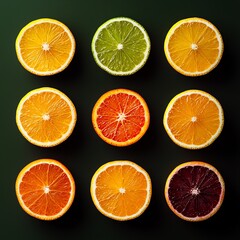 Obraz premium Colorful arrangement of sliced citrus fruits on a dark green background, showcasing different varieties and textures.