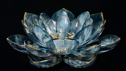 A blue lotus made of crystal, with clear petals and gold accents on the...