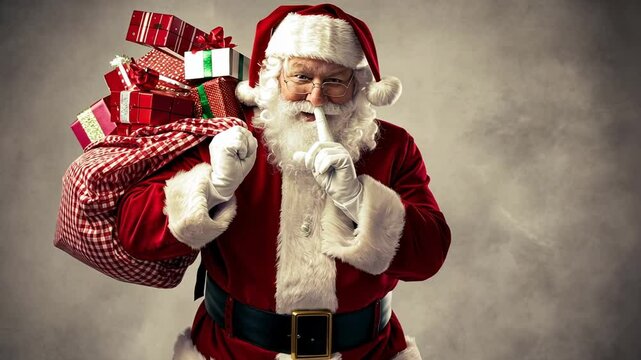 Santa claus smiling and doing sush sign with fingers while holding bag of presents