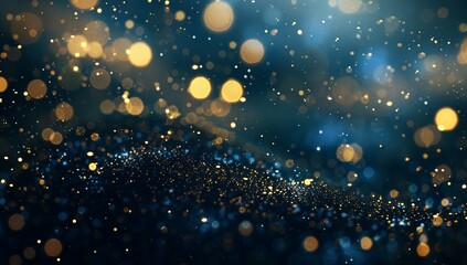 Fototapeta premium Dark background with golden bokeh lights and stars, glitter particles in the...