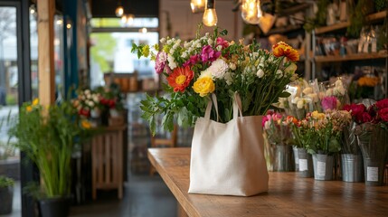 Colorful flower bouquet in a white tote bag on a wooden table in a flower shop.