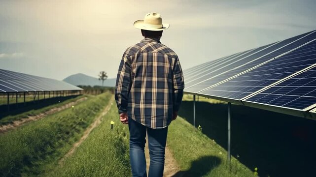 worker walking by field of solar pannels