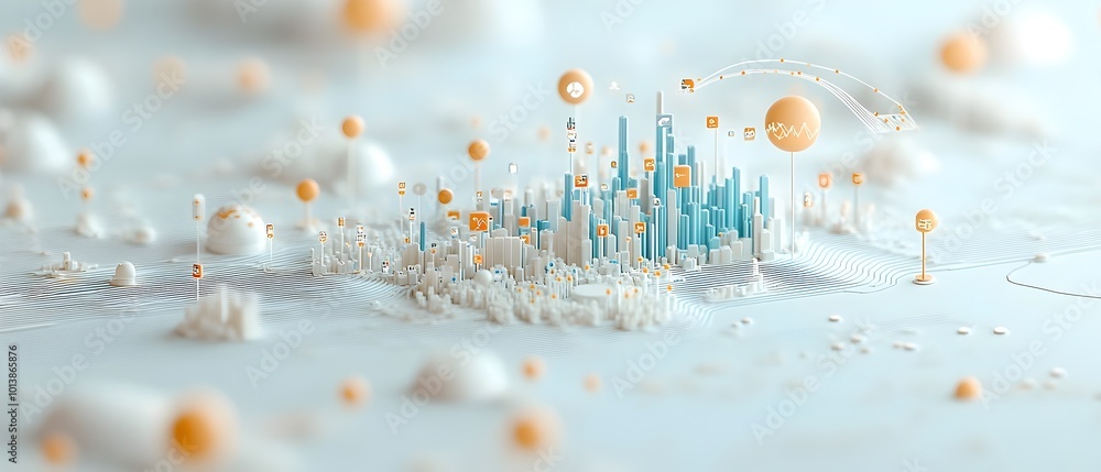 Poster intricate and futuristic cityscape with dynamic market trading chart visualization rendered with a s