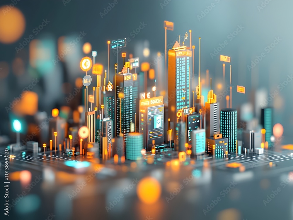 Poster intricate futuristic cityscape with vibrant data visualizations backdrop for financial analytics str