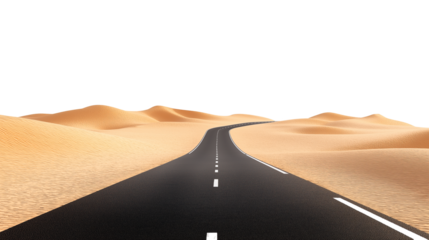 Straight road through desert landscape with dunes isolated on Transparent background PNG