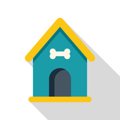 This flat design icon is featuring a blue wooden doghouse with a bone, symbolizing a safe and comfortable shelter for a beloved pet