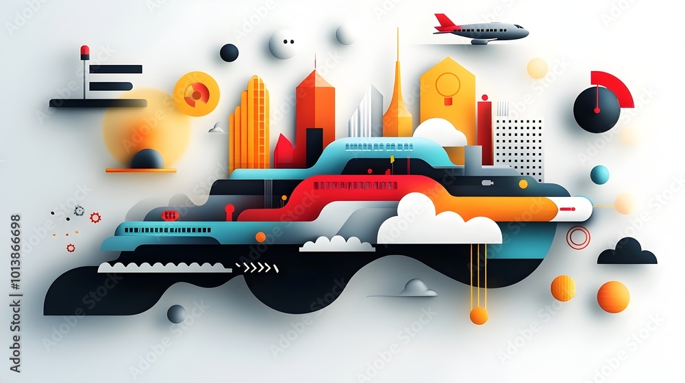 Poster striking avant garde abstract cityscape depicting a dynamic interconnected transportation system fea