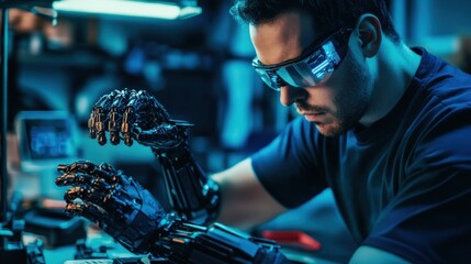 Engineer working late at night in a futuristic workshop is designing a robot arm