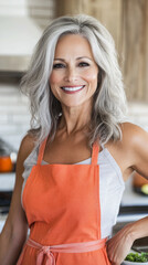 Fototapeta premium Smiling woman in an orange apron preparing food in a modern kitchen during daylight
