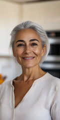 Fototapeta premium Cheerful older woman with gray hair smiling in a bright kitchen during the daytime