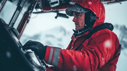 Obraz premium Snow plow operator is driving and maneuvering his vehicle during a snow storm in the mountains
