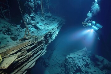 Diver exploring shipwreck debris on the ocean floor. Underwater photography.