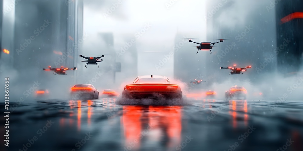 Poster futuristic cityscape showcasing advanced transportation infrastructure including flying cars and aut