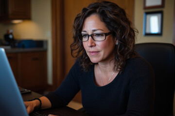 A woman working intently at her laptop in a modern office setting during the late afternoon