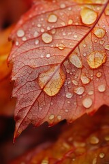Macro photography of water droplets on a red autumn leaf