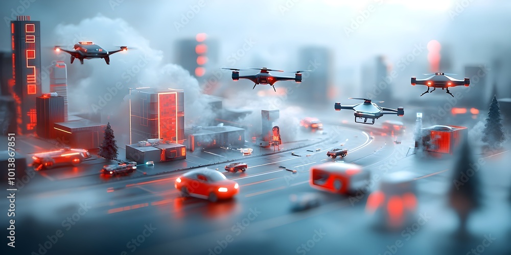 Aufkleber futuristic cityscape with advanced transportation infrastructure including flying cars and autonomou